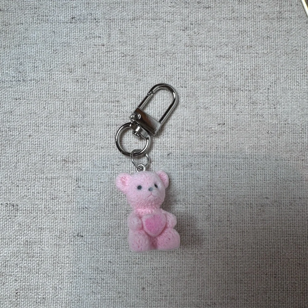 Fuzzy Teddy Bear Pink With Flocked Clip Dangle Backpack Heart Charms